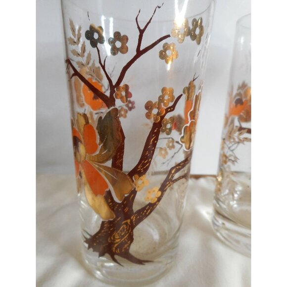 2 Vintage Culver Asian Lotus Tree Orange 22K gold floral Glasses #2 - Picture 3 of 4